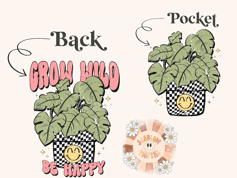 May include: A digital design featuring a potted plant with green leaves and a chequered pot with a smiley face. The text "Grow Wild" is in pink letters and the text "Be Happy" is in pink letters. The design is perfect for a t-shirt, tote bag, or other apparel.
