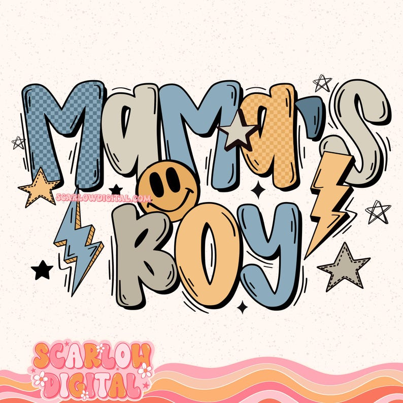 May include: A colorful graphic design with the text "Mama's Boy" in a retro style. The design features a smiley face, lightning bolts, and stars.