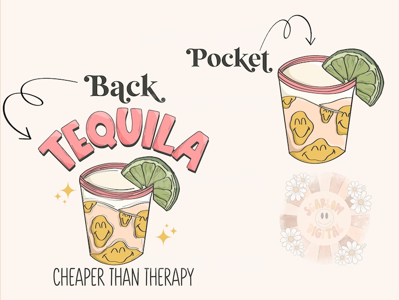 Cheaper Than Therapy PNG Pocket and Back Bundle-Tequila Sublimation Digital Design Download-drinking png, agave png, cinco de mayo png files image 1