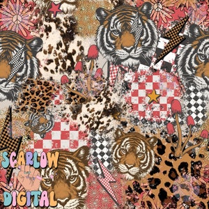May include: A colourful, abstract pattern featuring tigers, stars, flowers, and chequered patterns. The text "SCARLOW DIGITAL" is visible in the bottom left corner.
