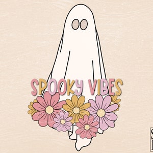 May include: A whimsical illustration of a ghost with a floral garland. The ghost is white with oval eyes, and the flowers are pink and yellow. The text "SPOOKY VIBES" is above the flowers.
