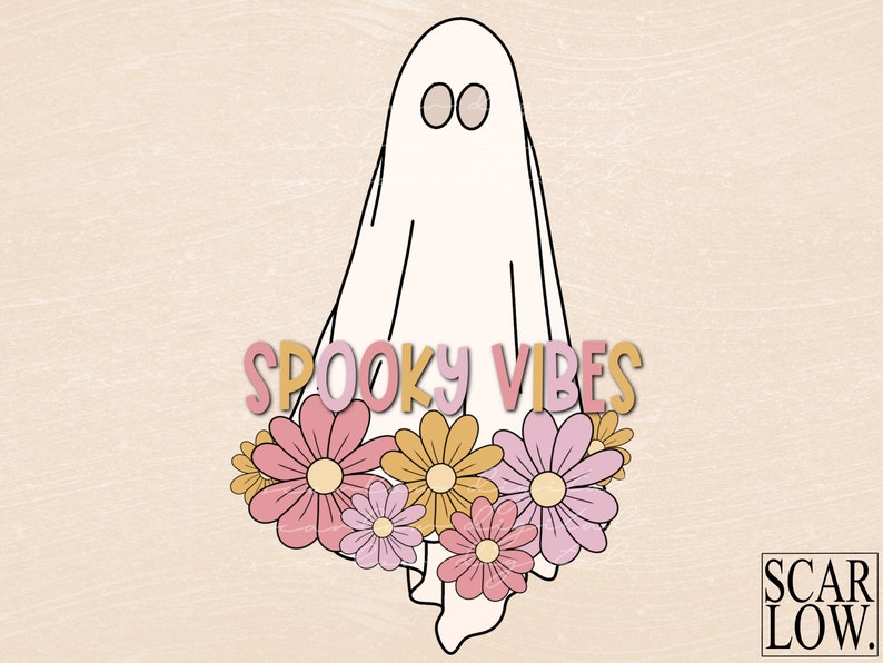 May include: A whimsical illustration of a ghost with a floral garland. The ghost is white with oval eyes, and the flowers are pink and yellow. The text "SPOOKY VIBES" is above the flowers.