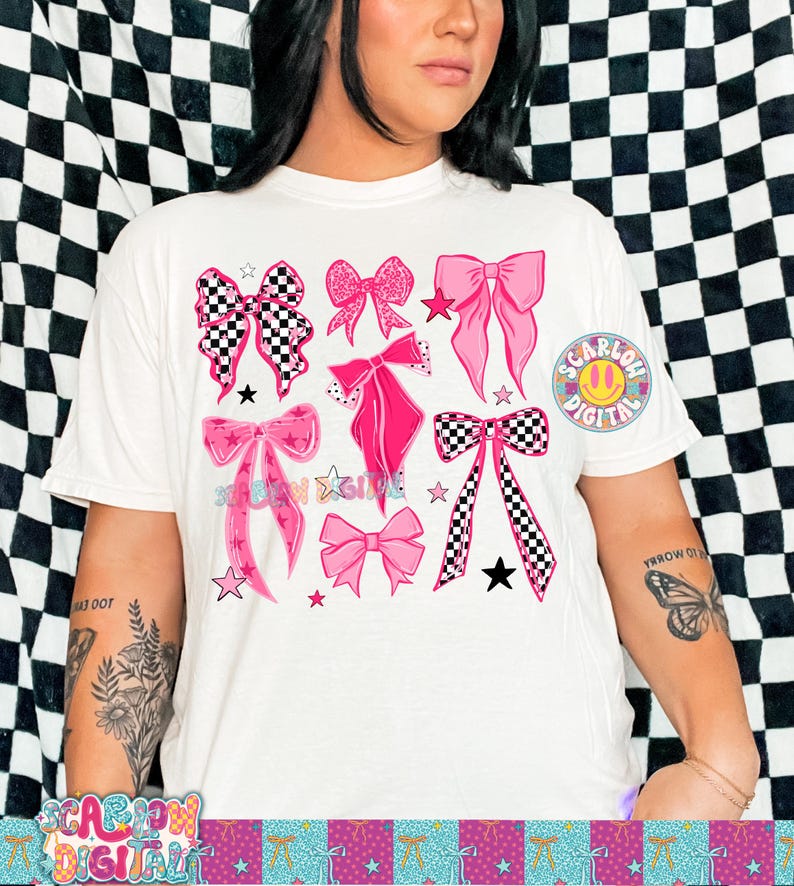 May include: Cream-colored t-shirt featuring a collection of pink bows with various designs, including checkered patterns and glitter accents. The shirt also has star graphics and the text "SCARLOW DIGITAL".