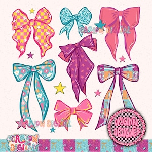 Retro Bows PNG Digital Design, no words png, checkered png, retro png, coquette png, girl designs, pretty png, trendy png, women png designs