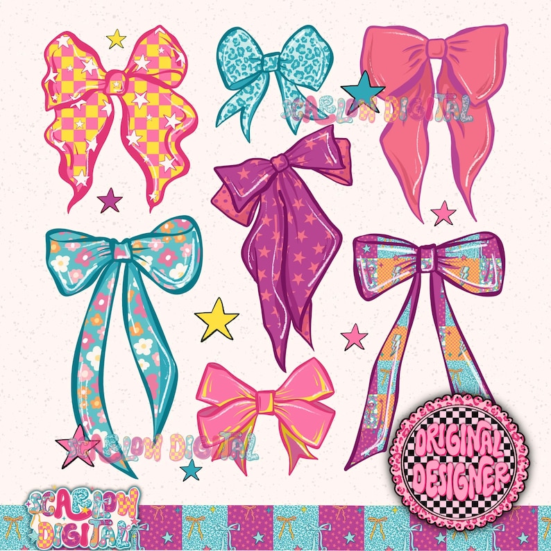 May include: A collection of colorful bows in various designs, including checkered, floral, and leopard print patterns. The bows are in shades of pink, blue, and purple, with star accents. The image also includes the text "Original Designer".