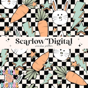Può includere: Uno schema senza cuciture con uno sfondo a scacchi bianco e nero con carote, coniglietti, stelle e fulmini dei cartoni animati. Il testo "Scarlow Digital seamless pattern" è nella parte superiore dell'immagine.