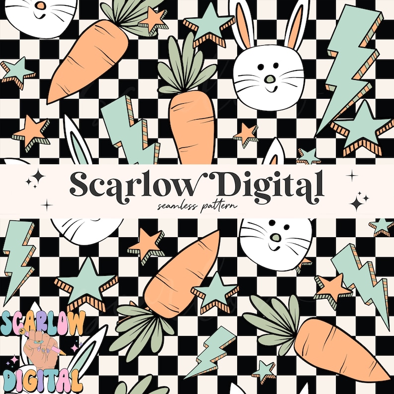 May include: A seamless pattern featuring a black and white checkered background with cartoon carrots, bunnies, stars, and lightning bolts. The text "Scarlow Digital seamless pattern" is at the top of the image.