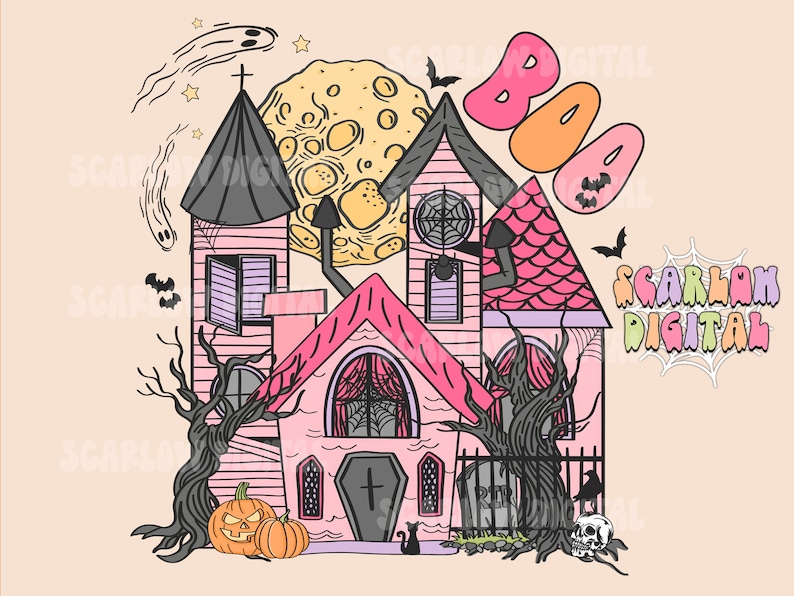 May include: A pink and purple haunted house with a yellow moon, bats, and a ghost. The house has a black roof, a black door, and a black cross on the front. The text "BOO" is written in pink and orange letters. The text "SCARLAN DIGITAL" is written in green and purple letters.