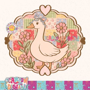 以下が含まれることがあります： ピンクのリボンをつけたガチョウのデジタルイラスト。ピンクの花とパッチワークの背景に囲まれています。画像には「SCARLOW DIGITAL」の文字が複数箇所にあります。