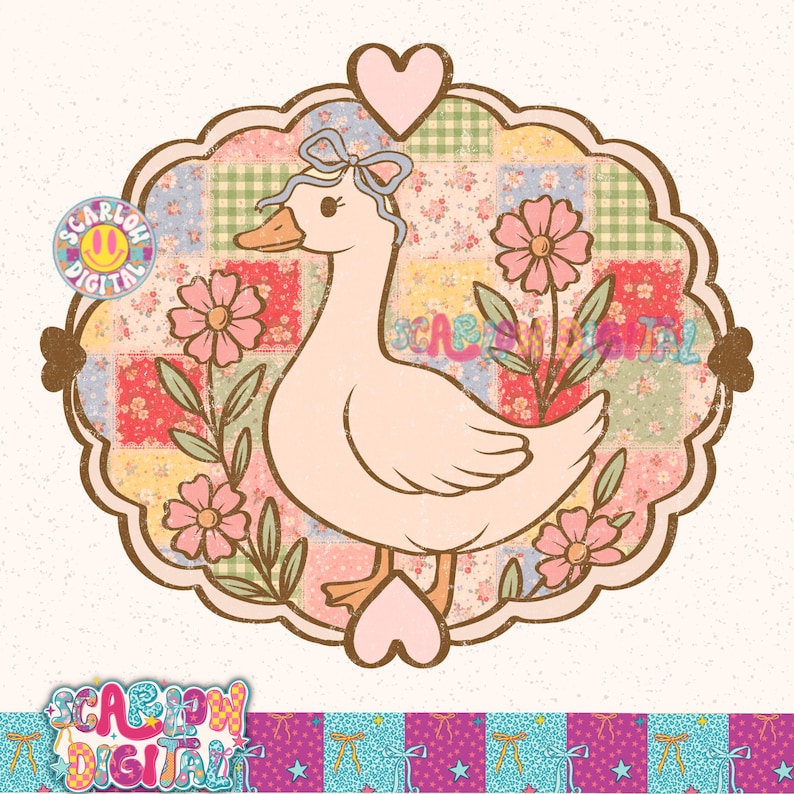 May include: A digital illustration of a goose with a pink bow, surrounded by pink flowers and a patchwork background. The image has the text "SCARLOW DIGITAL" in multiple places.