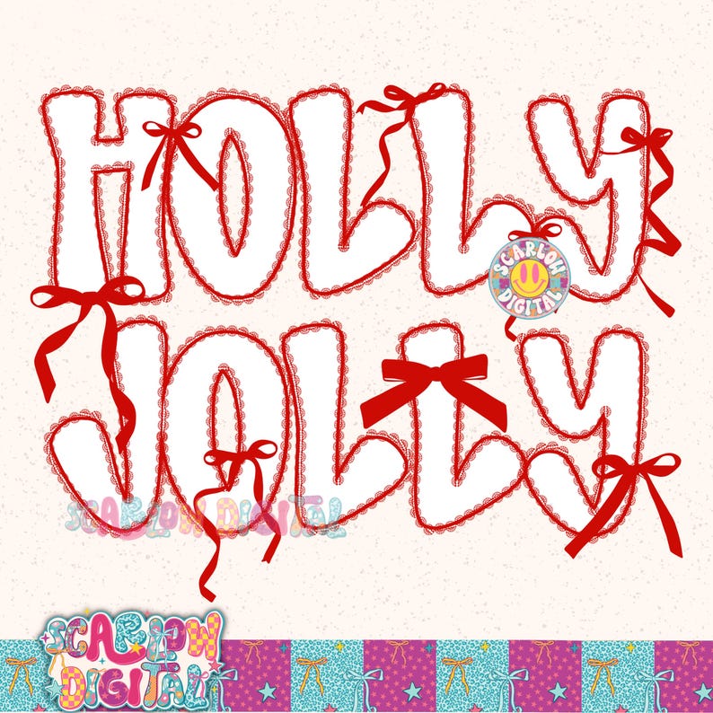以下が含まれることがあります： 白で「HOLLY JOLLY」の文字、赤いレースのトリムと赤いリボンで飾られています。 デザインは、下部にリボンと星の繰り返しパターンがあるクリーム色の背景にあります。