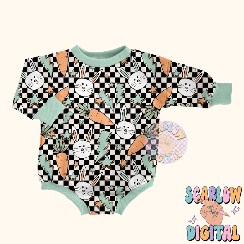 May include: A long-sleeved baby onesie with a black and white checkered pattern. The onesie features a repeating pattern of bunnies, carrots, and lightning bolts. The onesie is a light green color.