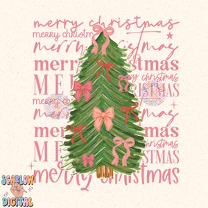 May include: A green Christmas tree with pink bows and the words "merry christmas" repeated in pink lettering.