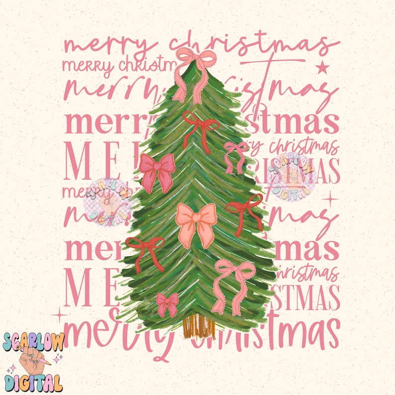 May include: A green Christmas tree with pink bows and the words "merry christmas" repeated in pink lettering.