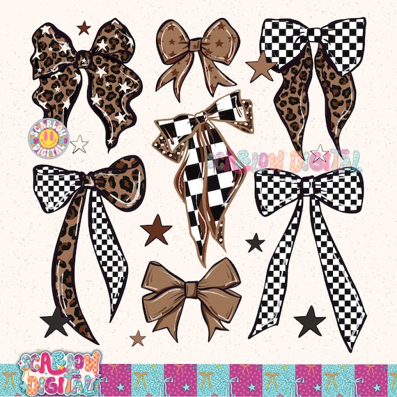 Brown Leopard Bow PNG Bundle | Checkerboard Retro Bows | Western Cowgirl Aesthetic | Digital Download for Sublimation and Printing Projects