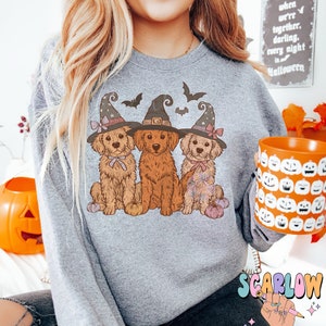 K&ouml;nnte beinhalten: Ein graues Sweatshirt mit einem Motiv von drei Golden Retrievern, die Hexenh&uuml;te tragen und K&uuml;rbisse halten. Die Hunde sitzen in einer Reihe und haben rosa Schleifen an ihren H&uuml;ten. Das Sweatshirt hat den Text "SCARLOW DIGITAL" in der rechten unteren Ecke.
