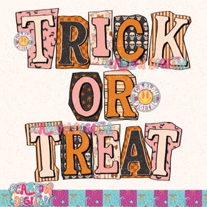 Puede incluir: Un dise&ntilde;o gr&aacute;fico colorido con las palabras "TRICK OR TREAT" en letras grandes. Las letras est&aacute;n rellenas de varios patrones, incluyendo murci&eacute;lagos, calaveras y estrellas, en tonos naranja, negro y rosa.