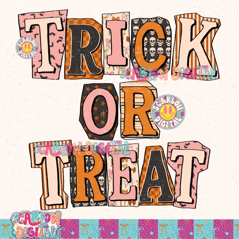 Puede incluir: Un dise&ntilde;o gr&aacute;fico colorido con las palabras "TRICK OR TREAT" en letras grandes. Las letras est&aacute;n rellenas de varios patrones, incluyendo murci&eacute;lagos, calaveras y estrellas, en tonos naranja, negro y rosa.