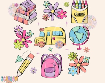 Back to School Doodles PNG Digital Design Download, school bus png, books png, globe png, flowers png, girl school png, pencil png designs