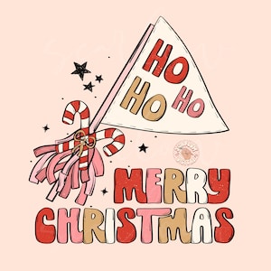 May include: A pink and white Christmas banner with the text "Ho Ho Ho" and a red and white candy cane with pink tassels. The text "Merry Christmas" is below the banner in red, pink, and gold letters.
