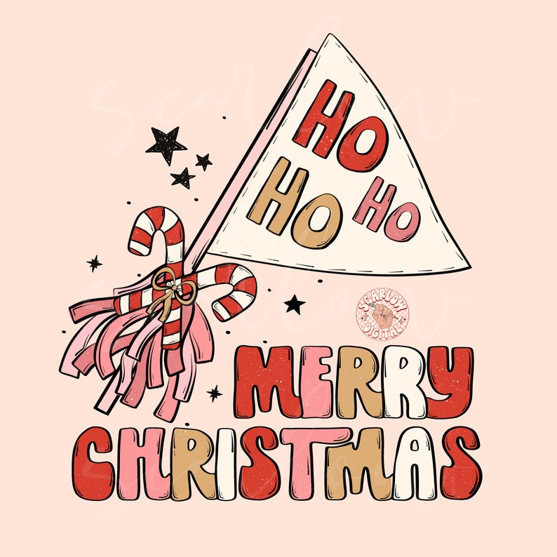 May include: A pink and white Christmas banner with the text "Ho Ho Ho" and a red and white candy cane with pink tassels. The text "Merry Christmas" is below the banner in red, pink, and gold letters.