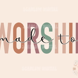 Op de afbeelding: Een kleurrijk grafisch ontwerp met de tekst "made to worship" in zwarte cursieve letters. De letters zijn in tinten roze, oranje, bruin, groen en beige.