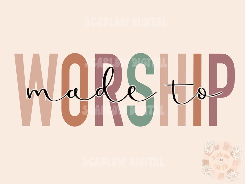 Op de afbeelding: Een kleurrijk grafisch ontwerp met de tekst "made to worship" in zwarte cursieve letters. De letters zijn in tinten roze, oranje, bruin, groen en beige.