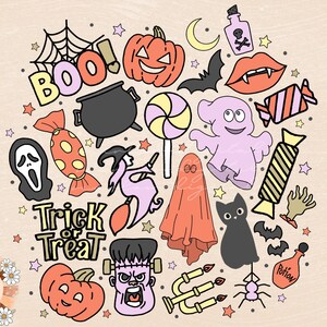 Peut inclure: Une illustration color&eacute;e d'ic&ocirc;nes sur le th&egrave;me d'Halloween, comprenant un fant&ocirc;me, une citrouille, une araign&eacute;e, une sorci&egrave;re, un bonbon, un chaudron, une chauve-souris, un fant&ocirc;me, une sucette, un chat noir, un vampire et le texte "Trick or Treat".