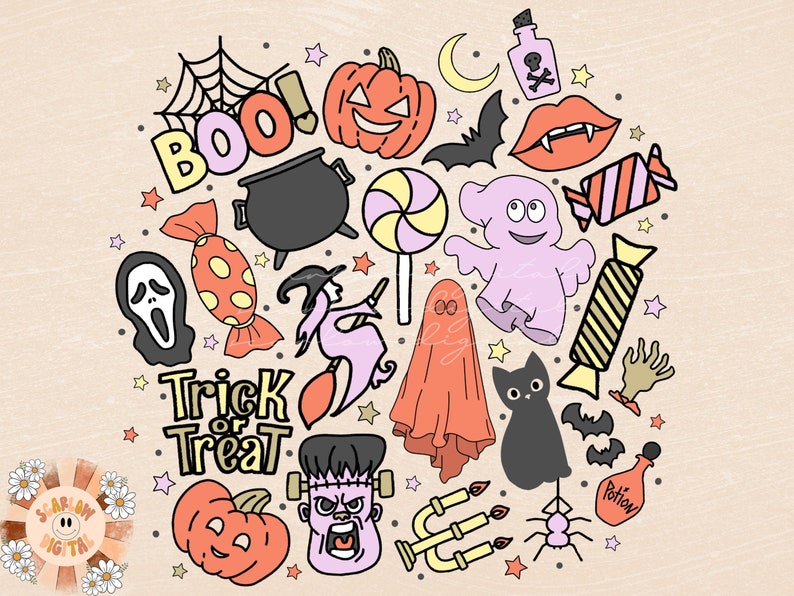 Peut inclure: Une illustration color&eacute;e d'ic&ocirc;nes sur le th&egrave;me d'Halloween, comprenant un fant&ocirc;me, une citrouille, une araign&eacute;e, une sorci&egrave;re, un bonbon, un chaudron, une chauve-souris, un fant&ocirc;me, une sucette, un chat noir, un vampire et le texte "Trick or Treat".