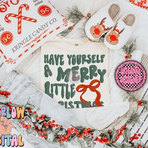 Merry Little Christmas PNG Digital Design, coquette christmas png, christmas bows png, girly christmas designs, traditional christmas design