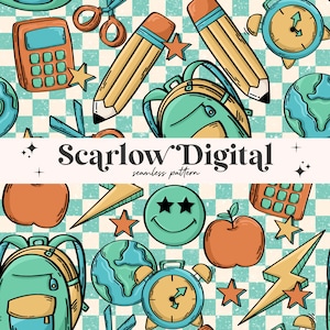 Könnte beinhalten: Nahtloses Muster mit Illustrationen zum Thema Schule. Enthält Bleistifte, Rucksäcke, Taschenrechner, Äpfel, Globen, Uhren, Scheren, Sterne und ein Smiley. Der Text "Scarlow Digital seamless pattern" ist ebenfalls vorhanden. Der Hintergrund ist kariert.