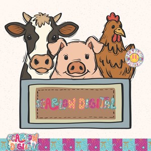 Puede incluir: Ilustraci&oacute;n digital de una vaca, un cerdo y una gallina asom&aacute;ndose por encima de un marco rectangular. El marco tiene el texto "SCARLOW DIGITAL" en letras coloridas. La vaca es blanca y negra, el cerdo es rosa y la gallina es marr&oacute;n.