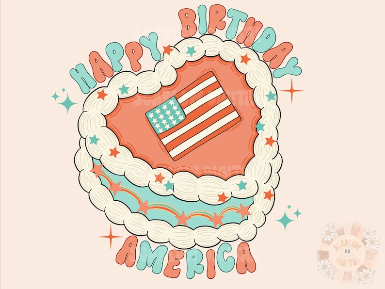 K&ouml;nnte beinhalten: Ein herzf&ouml;rmiger Kuchen mit rotem Frosting und wei&szlig;em Zuckerguss. Der Kuchen ist mit Sternen verziert und hat eine amerikanische Flagge oben drauf. Der Text "Happy Birthday America" ist um den Kuchen herum geschrieben.