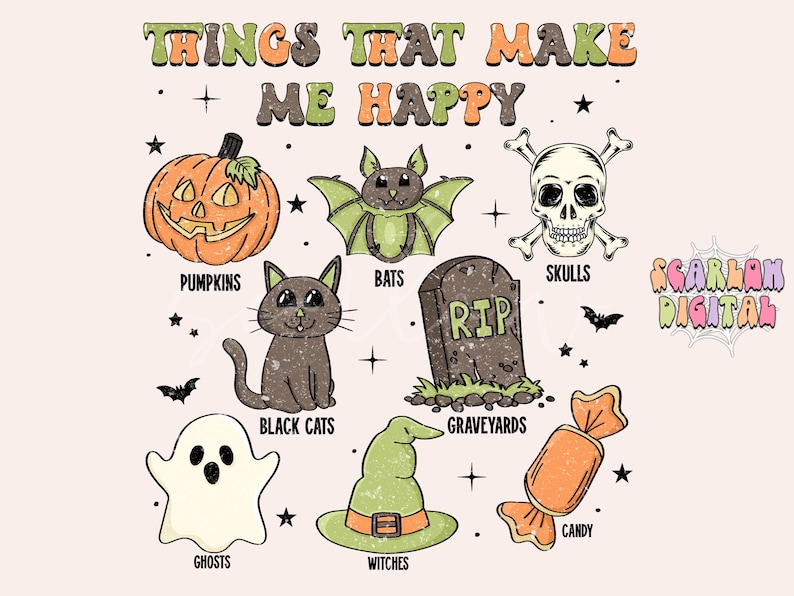 May include: An illustration of various Halloween themed items, including a pumpkin, bats, skulls, a graveyard, black cats, ghosts, witches hats, and candy. The text "THINGS THAT MAKE ME HAPPY" is at the top of the image.
