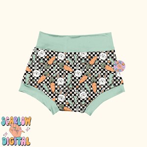May include: Green and black checkered underwear with a print of white bunnies, carrots, and lightning bolts. The waistband is a solid green color.