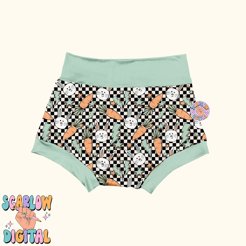 May include: Green and black checkered underwear with a print of white bunnies, carrots, and lightning bolts. The waistband is a solid green color.