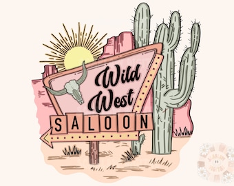 Puede incluir: Ilustración digital de un letrero de Wild West Saloon con una calavera de toro, cactus y paisaje desértico. El letrero es rosa con las palabras "Wild West Saloon" en una fuente estilizada. Un sol amarillo está en el fondo.