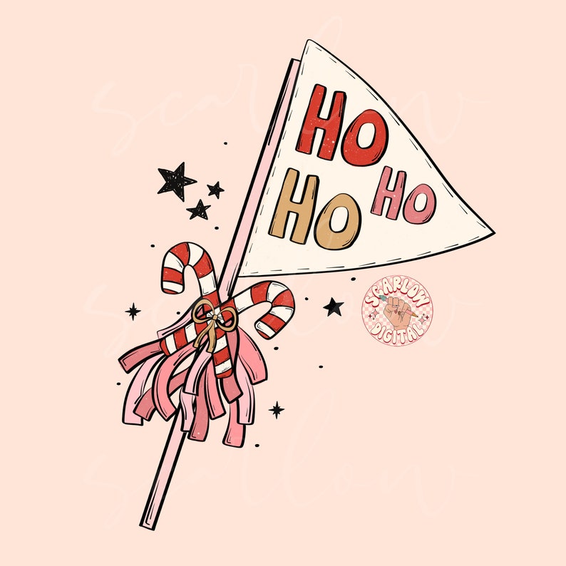 May include: A pink and white flag with the text "HO HO HO" in red and gold lettering. The flag is attached to a pink stick with a red and white candy cane and pink tassels.