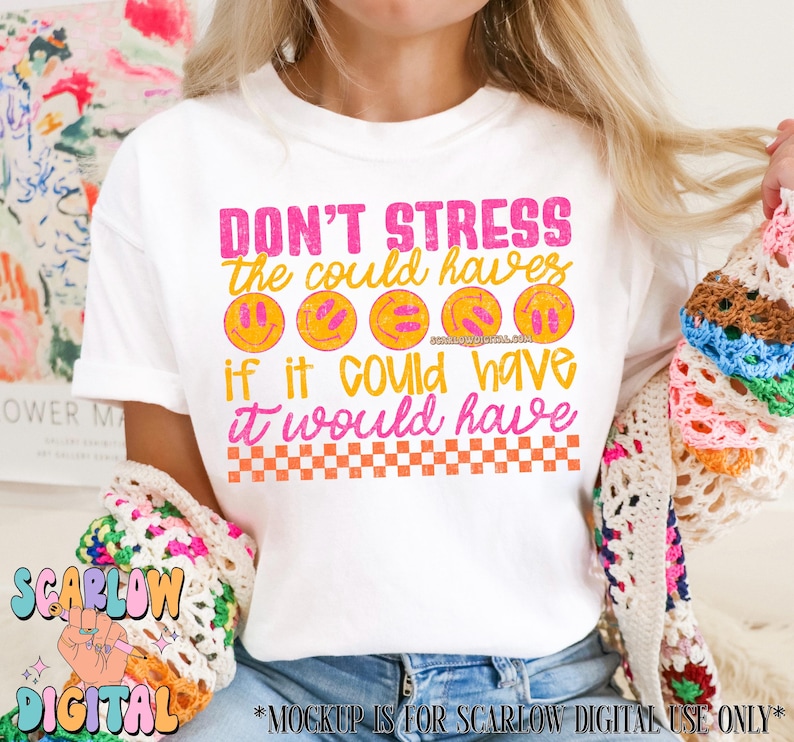 Don't Stress PNG Digital Design, don't worry png, happy designs, mental health png, popular designs, checkered png, retro png design, trendy bild 2