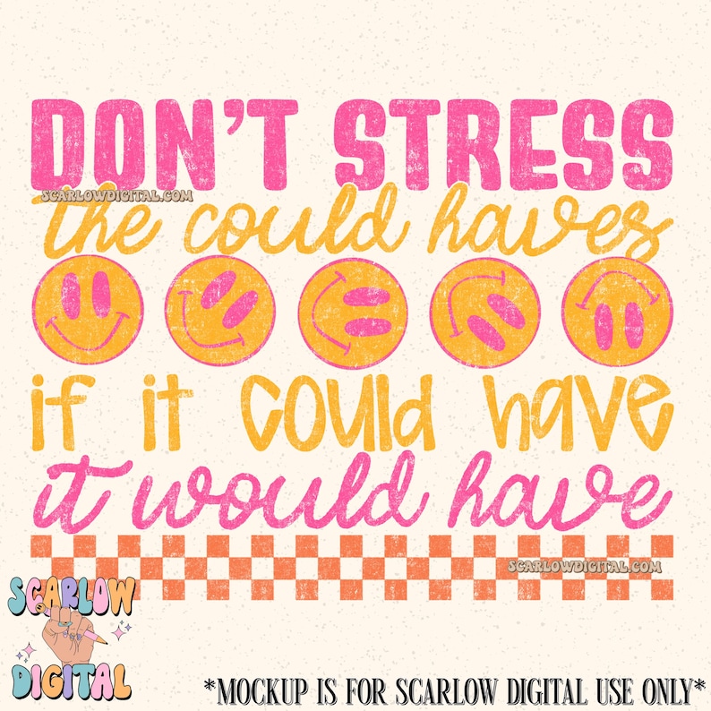 Don't Stress PNG Digital Design, don't worry png, happy designs, mental health png, popular designs, checkered png, retro png design, trendy bild 1
