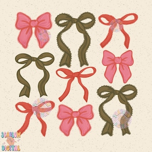 May include: Nine different bow designs in various colors, including red, pink, and brown. The bows are all tied with a knot in the center and have a scalloped edge.