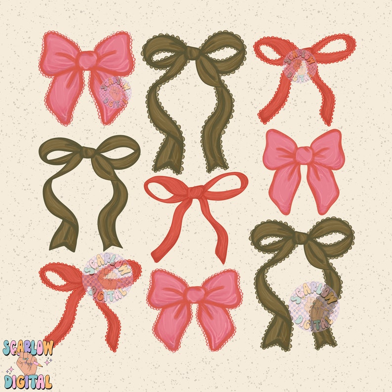 May include: Nine different bow designs in various colors, including red, pink, and brown. The bows are all tied with a knot in the center and have a scalloped edge.