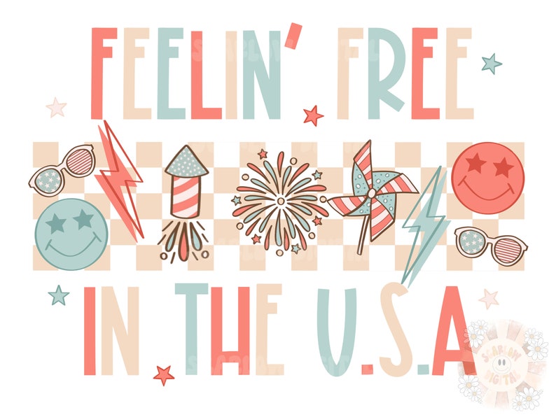 Op de afbeelding: Een grafisch ontwerp met de tekst "Feelin' Free in the U.S.A." in rood, blauw en beige. Het ontwerp heeft een geruite achtergrond met verschillende illustraties, waaronder zonnebrillen, bliksemschichten, vuurwerk, een windmolen en smiley-gezichten.