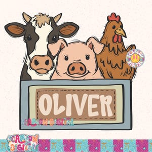 Puede incluir: Ilustraci&oacute;n digital de una vaca, un cerdo y una gallina sobre un letrero con la palabra "OLIVER". La vaca es negra y blanca, el cerdo es rosa y la gallina es marr&oacute;n. El letrero es de color marr&oacute;n claro.