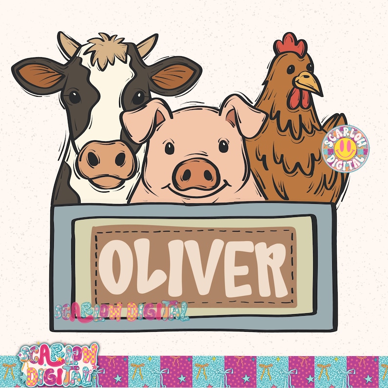 Puede incluir: Ilustraci&oacute;n digital de una vaca, un cerdo y una gallina sobre un letrero con la palabra "OLIVER". La vaca es negra y blanca, el cerdo es rosa y la gallina es marr&oacute;n. El letrero es de color marr&oacute;n claro.