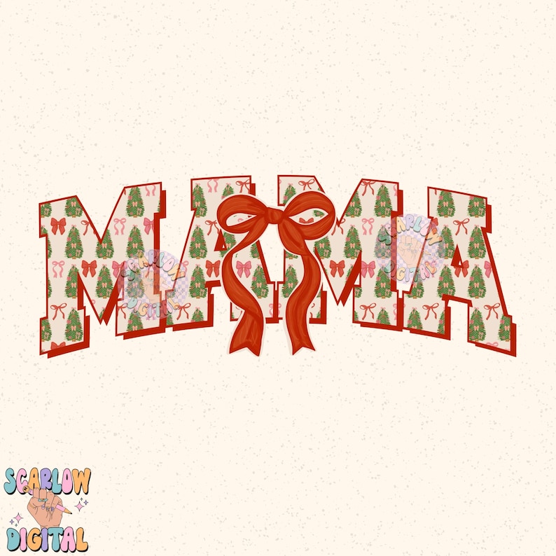 May include: Red and green Christmas tree patterned letters spelling out the word "MAMA" with a red bow in the center.