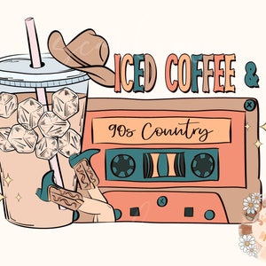 May include: A cartoon illustration of a glass of iced coffee with a straw, a cowboy hat, and a cassette tape with the text "90s Country". The text "Iced Coffee &" is above the cassette tape.