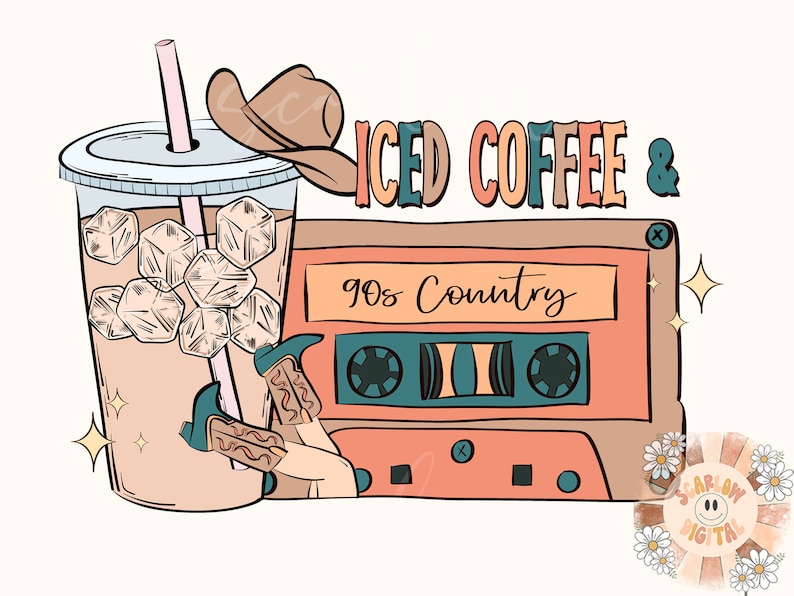 May include: A cartoon illustration of a glass of iced coffee with a straw, a cowboy hat, and a cassette tape with the text "90s Country". The text "Iced Coffee &" is above the cassette tape.