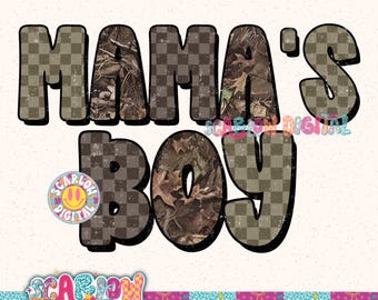 Mama’s Boy PNG, camo and checkered block letter design with rustic southern vibes, trendy boutique aesthetic for little boys, camo boy png