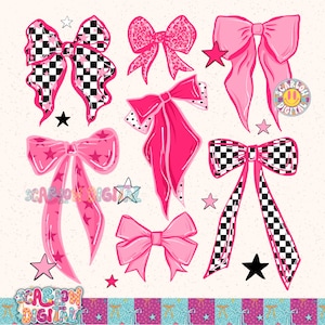 May include: A collection of pink bows with various patterns, including checkered, leopard print, and star designs. The bows are accompanied by star and bow graphics. The image has the text "SCARLOH DIGITAL" in the bottom corners.